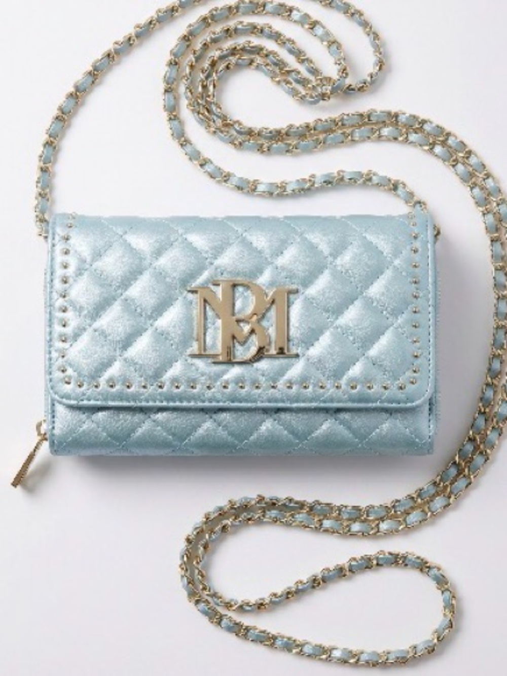 Badgley Mischka Quilted Light Blue Crossbody Wallet with Gold Chain